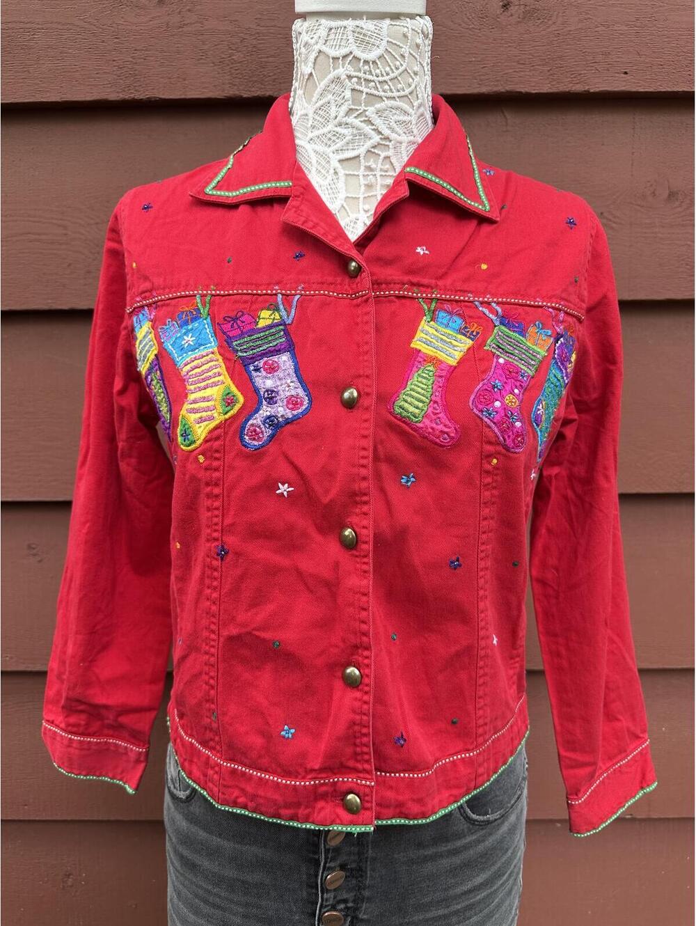 Life Style Red Embroidered Y2K Jacket‎ with Colorful Holiday Stockings